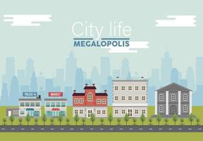 city life megalopolis lettering in cityscape scene with police station and market vector