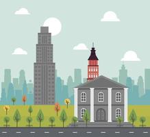 city life megalopolis cityscape scene with governmental building and skyscrapers vector