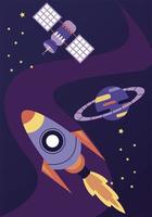 rocket and satellite with planet space scene vector