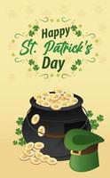 happy saint patricks day lettering with cauldron of treasure and hat elf vector