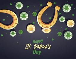 happy saint patricks day lettering with horseshoes and coins treasure vector