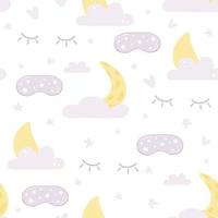 Patrón sin fisuras con linda ilustración de antifaz para dormir, pestañas, luna y nubes