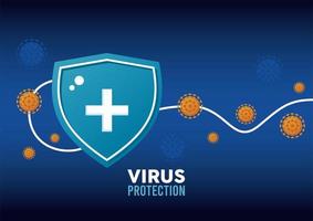 virus protection shield with lettering and covid19 particles color orange vector