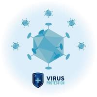 Letras de protección antivirus con escudo y partículas covid19. vector