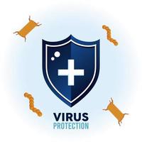 Escudo de protección antivirus con partículas de bacterias de color naranja y letras vector