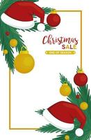merry christmas sale lettering with balls and santa claus hats vector