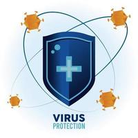 Escudo de protección antivirus con partículas de color naranja orbitando vector