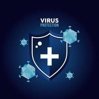 virus protection shield with particles color blue and lettering vector