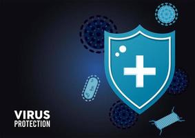 Escudo de protección antivirus con partículas covid19 de color azul. vector