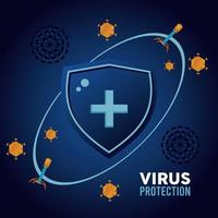 virus protection shield with covid particles colors orange and blue and lettering vector