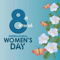 international womens day celebration poster with lettering and butterflies in garden vector