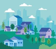 City landscape with houses trees and clouds vector design