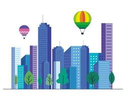 City buildings with hot air balloons and trees vector design