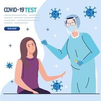 Covid 19 prueba de virus médico y mujer diseño vectorial vector