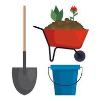 Gardening shovel wheelbarrow and bucket vector design