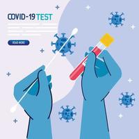 covid 19 virus test hands with gloves holding swab and tube vector design