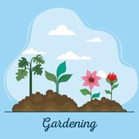 Gardening flowers and plants on earth vector design