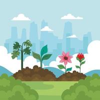 Gardening flowers and plants on earth and shrubs vector design