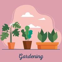 Gardening plants inside pots and clouds vector design