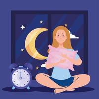 insomnia woman with pillow and clock vector design