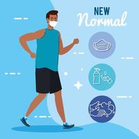 New normal of man with mask running and icon set vector design