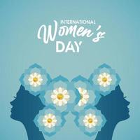 international womens day celebration poster with girls profiles and floral hair vector