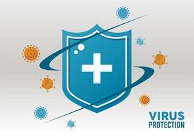 Escudo de protección antivirus con partículas covid19 colores naranja y azul. vector