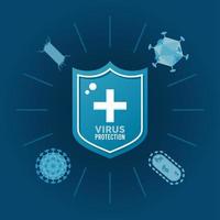virus protection lettering in shield with particles and bacteriums vector