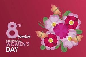 cartel de celebración del día internacional de la mujer con jardín de mariposas y flores vector