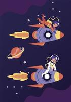 astronauts couple in rockets space scene vector