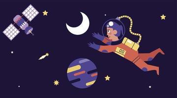 astronaut girl floating with satellite space scene vector