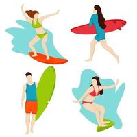 Cuatro surfistas montan la ilustración de vector de estilo plano de olas aislado sobre fondo blanco