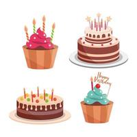 birthday cakes and cupcakes candles lettering celebration and decoration vector