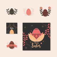 set happy easter icon eggs decoration flowers floral vector