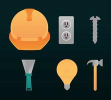 home repair construction renovation tools and equipment icons helmet screw hammer bulb and spatula vector