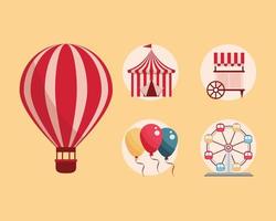 set amusement park carnival tent booth air balloon ferris wheel vector