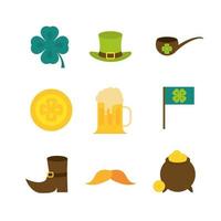 feliz día de san patricio iconos trébol pipa caldero cerveza sombrero y monedas vector plano