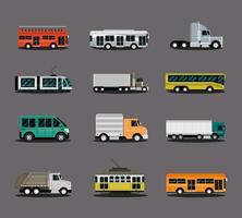 Varios tipos de vehículos, camiones, furgonetas, autobuses, camiones y remolques, vista lateral vector