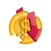 broken coin money down arrow stock market crash isolated icon vector