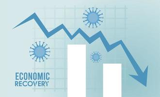 economic recovery for covid19 poster with virus particles in arrow down and bars statistics vector