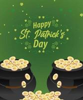 happy saint patricks day lettering with cauldrons of treasure vector