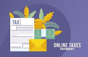 Pago de impuestos online con documentos y dinero. vector