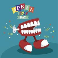 april fools day lettering with joke denture walking vector