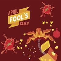 april fools day lettering with surprise box and popped tomatoes vector