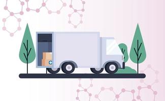 vaccine distribution logistics theme with boxes packing in truck vector