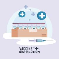 tema de logística de distribución de vacunas con viales en caja y jeringa vector