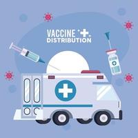 tema de logística de distribución de vacunas con vial y jeringa en ambulancia vector