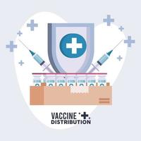 vaccine distribution logistics theme with vials and injection in shield vector