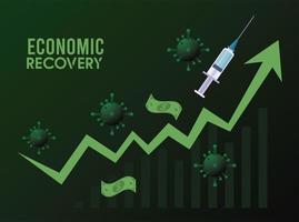 economic recovery for covid19 poster with bills dollars and vaccine syringe in arrow up vector