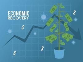 economic recovery for covid19 poster with virus particles and dollars plant in statistics arrow vector